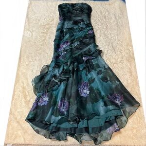 Theia Dark Teal & Purple Floral Strapless Ruffled Gown Size 8 NWT